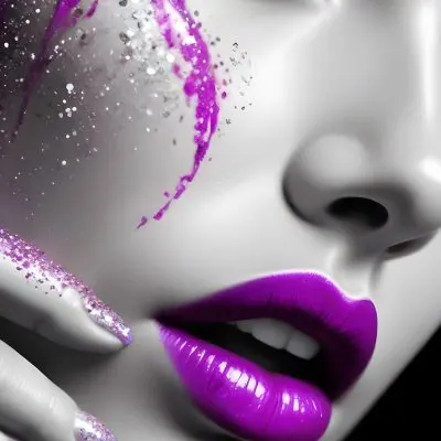 Digital Painting A Close Up Of A Woman S Face With Vibrant Purple Lips And Glitter Around Her Eyes Bold And Slim Lines Brush Strokes 13 C3d5
