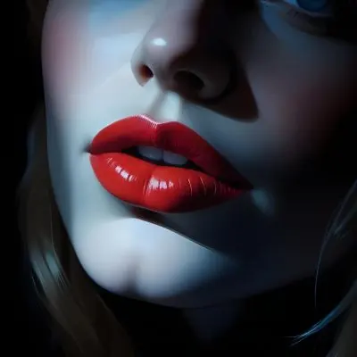 Digital Painting A Close Up Of A Woman S Lips Featuring Bright Red Lipstick The Face Is Partially Obscured By Light Hair With A Soft Blue Light Illuminating The Skin The Background Is Bright Enhancing The Contrast 25 145f