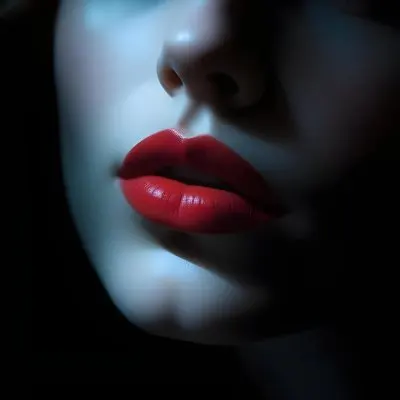 Digital Painting A Close Up Of A Woman S Lips Featuring Bright Red Lipstick The Face Is Partially Obscured By Light Hair With A Soft Blue Light Illuminating The Skin The Background Is Bright Enhancing The Contrast 41 7fd9