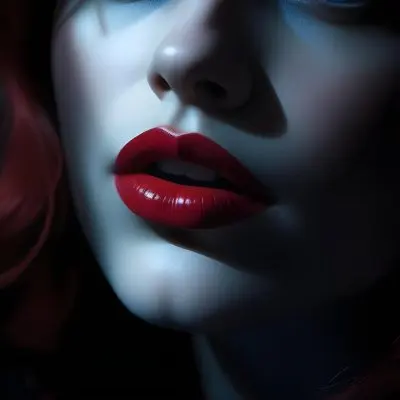 Digital Painting A Close Up Of A Woman S Lips Featuring Bright Red Lipstick The Face Is Partially Obscured By Light Hair With A Soft Blue Light Illuminating The Skin The Background Is Bright Enhancing The Contrast 6 1da8