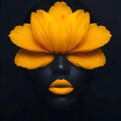 Digital Painting A Close Up Portrait Of A Woman S Face With A Yellow Flower As The Head Against A Dark Background Bold And Slim Lines Brush Strokes 1 4df7