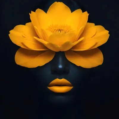 Digital Painting A Close Up Portrait Of A Woman S Face With A Yellow Flower As The Head Against A Dark Background Bold And Slim Lines Brush Strokes 10 8b2d
