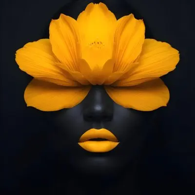Digital Painting A Close Up Portrait Of A Woman S Face With A Yellow Flower As The Head Against A Dark Background Bold And Slim Lines Brush Strokes 11 Fccf