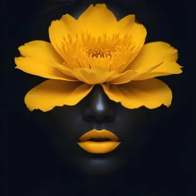 Digital Painting A Close Up Portrait Of A Woman S Face With A Yellow Flower As The Head Against A Dark Background Bold And Slim Lines Brush Strokes 13 D648