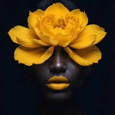 Digital Painting A Close Up Portrait Of A Woman S Face With A Yellow Flower As The Head Against A Dark Background Bold And Slim Lines Brush Strokes 15 5a4b