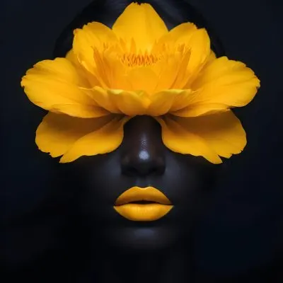 Digital Painting A Close Up Portrait Of A Woman S Face With A Yellow Flower As The Head Against A Dark Background Bold And Slim Lines Brush Strokes 17 2440