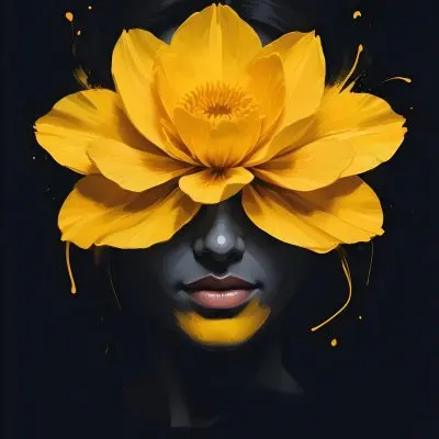 Digital Painting A Close Up Portrait Of A Woman S Face With A Yellow Flower As The Head Against A Dark Background Bold And Slim Lines Brush Strokes 19 3f07