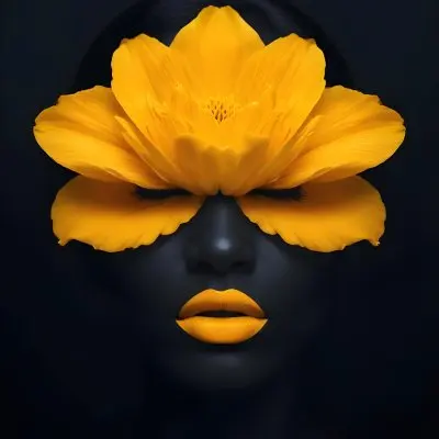 Digital Painting A Close Up Portrait Of A Woman S Face With A Yellow Flower As The Head Against A Dark Background Bold And Slim Lines Brush Strokes 2 A082