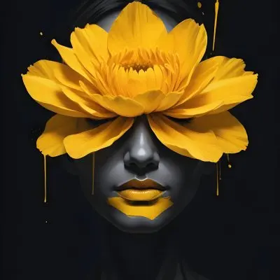 Digital Painting A Close Up Portrait Of A Woman S Face With A Yellow Flower As The Head Against A Dark Background Bold And Slim Lines Brush Strokes 20 838b