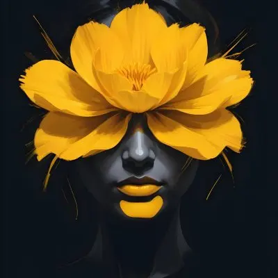 Digital Painting A Close Up Portrait Of A Woman S Face With A Yellow Flower As The Head Against A Dark Background Bold And Slim Lines Brush Strokes 22 A88b