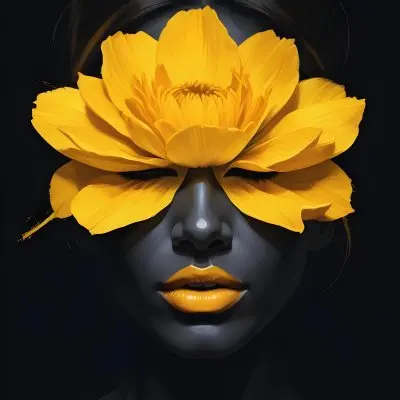 Digital Painting A Close Up Portrait Of A Woman S Face With A Yellow Flower As The Head Against A Dark Background Bold And Slim Lines Brush Strokes 24 2f2f