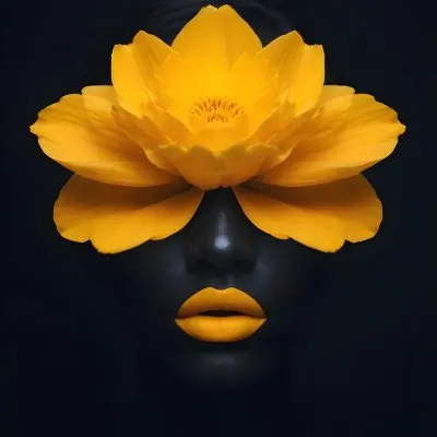 Digital Painting A Close Up Portrait Of A Woman S Face With A Yellow Flower As The Head Against A Dark Background Bold And Slim Lines Brush Strokes 3 0885