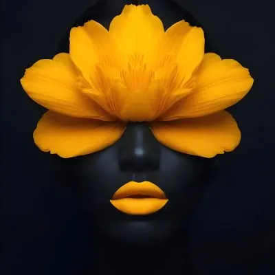 Digital Painting A Close Up Portrait Of A Woman S Face With A Yellow Flower As The Head Against A Dark Background Bold And Slim Lines Brush Strokes 4 E5c6