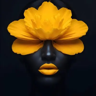 Digital Painting A Close Up Portrait Of A Woman S Face With A Yellow Flower As The Head Against A Dark Background Bold And Slim Lines Brush Strokes 9 5ddf