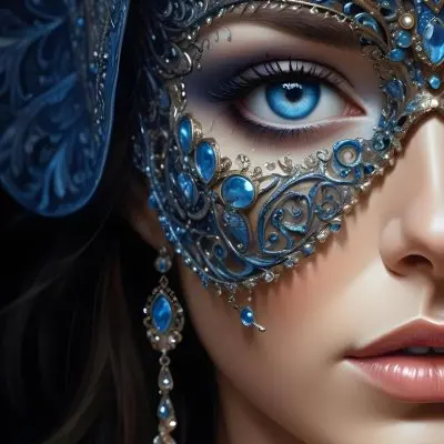 Digital Painting A Close Up Portrait Of A Woman With Blue Eyes Wearing An Elaborate Bejeweled Mask Covering The Lower Half Of Her Face The Mask Is Decorated With Intricate Patterns And Gemstones Creating A Striking A 6 550c