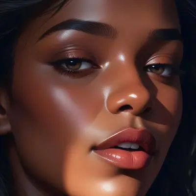 Digital Painting A Close Up Portrait Of A Woman With Dark Skin Full Lips And Eyes Closed The Lighting Creates Dramatic Shadows And Highlights Giving The Image A Moody Cinematic Feel Bold And Slim Lines 32 214b