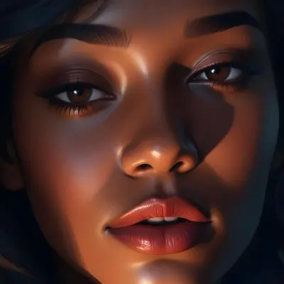 Digital Painting A Close Up Portrait Of A Woman With Dark Skin Full Lips And Eyes Closed The Lighting Creates Dramatic Shadows And Highlights Giving The Image A Moody Cinematic Feel Bold And Slim Lines 40 7058