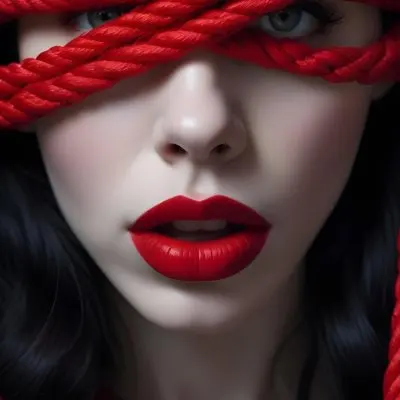 Digital Painting A Close Up Portrait Of A Woman With Pale Skin Dark Hair And Bold Red Lips The Woman S Face Is Partially Obscured By A Red Rope Creating A Mysterious And Dramatic Effect Bold And Slim Lin 3 57c8