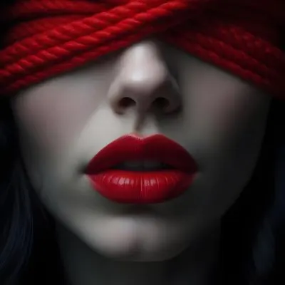 Digital Painting A Close Up Portrait Of A Woman With Pale Skin Dark Hair And Bold Red Lips The Woman S Face Is Partially Obscured By A Red Rope Creating A Mysterious And Dramatic Effect Bold And Slim Lin 9 0572