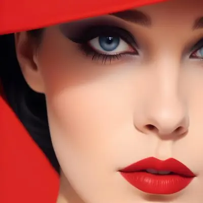 Digital Painting A Close Up Portrait Of A Woman With Striking Red Lips Dark Eyebrows And Intense Blue Eyes She Is Wearing A Red Hat Or Veil That Partially Obscures Her Face Creating A Mysterious And Dramatic 5 76ec