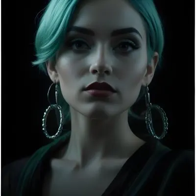 Digital Painting A Close Up Portrait Of A Woman With Vibrant Green Hair Dramatic Makeup And Large Hoop Earrings Against A Dark Background Bold And Slim Lines Brush Strokes 1 6f26