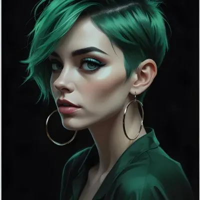 Digital Painting A Close Up Portrait Of A Woman With Vibrant Green Hair Dramatic Makeup And Large Hoop Earrings Against A Dark Background Bold And Slim Lines Brush Strokes 14 D208