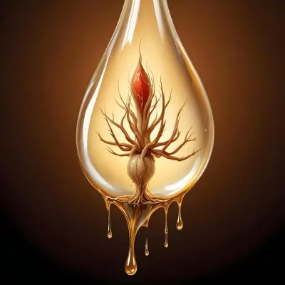 Digital Painting A Ginseng Root Inside A Drop Of Oil The Drop Is Illuminated With A Bright Light Brown Background With A Gradient From Dark To Light Bold And Slim Lines Brush Strokes 31 96d4