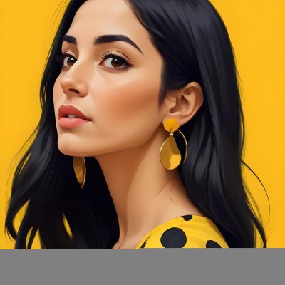 Digital Painting A Middle Eastern Woman 25 Years Old Long Black Hair Wearing A Yellow Polka Dot Dress And Golden Earrings On A Yellow Background Bold And Slim Lines Brush Strokes 14 58cb
