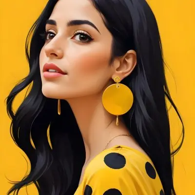 Digital Painting A Middle Eastern Woman 25 Years Old Long Black Hair Wearing A Yellow Polka Dot Dress And Golden Earrings On A Yellow Background Bold And Slim Lines Brush Strokes 16 F86f