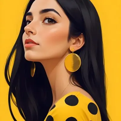 Digital Painting A Middle Eastern Woman 25 Years Old Long Black Hair Wearing A Yellow Polka Dot Dress And Golden Earrings On A Yellow Background Bold And Slim Lines Brush Strokes 18 E997