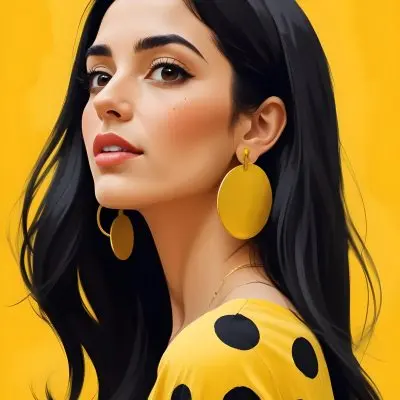 Digital Painting A Middle Eastern Woman 25 Years Old Long Black Hair Wearing A Yellow Polka Dot Dress And Golden Earrings On A Yellow Background Bold And Slim Lines Brush Strokes 2 0000