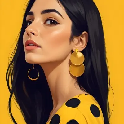 Digital Painting A Middle Eastern Woman 25 Years Old Long Black Hair Wearing A Yellow Polka Dot Dress And Golden Earrings On A Yellow Background Bold And Slim Lines Brush Strokes 58 0ee8