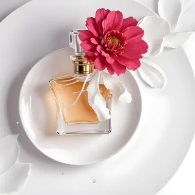 Digital Painting A Perfume Bottle On A White Plate With A White Flower And Petals On A White Background Bold And Slim Lines Brush Strokes 44 0a22