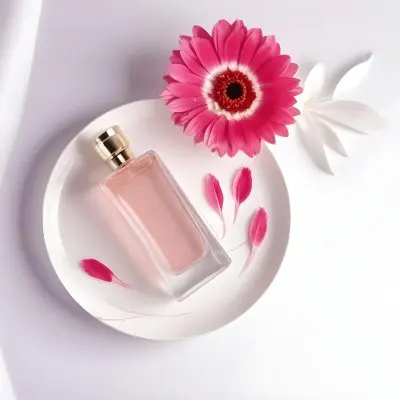 Digital Painting A Perfume Bottle On A White Plate With A White Flower And Petals On A White Background Bold And Slim Lines Brush Strokes 58 E983