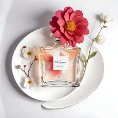 Digital Painting A Perfume Bottle On A White Plate With A White Flower And Petals On A White Background Bold And Slim Lines Brush Strokes 63 D346