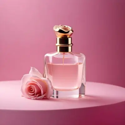 Digital Painting A Perfume Bottle With A Pink Rose On A Pink Background The Bottle Is Made Of Glass And Has A Gold Cap The Rose Is A Light Pink Color Bold And Slim Lines Brush Strokes 12 E01b