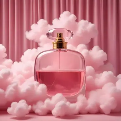 Digital Painting A Pink Glass Perfume Bottle Surrounded By Fluffy Pink Clouds Against A Pink Curtain Backdrop Bold And Slim Lines Brush Strokes 11 Be99
