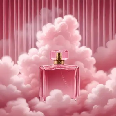 Digital Painting A Pink Glass Perfume Bottle Surrounded By Fluffy Pink Clouds Against A Pink Curtain Backdrop Bold And Slim Lines Brush Strokes 18 04f2