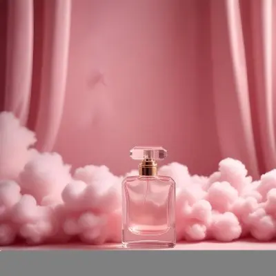 Digital Painting A Pink Glass Perfume Bottle Surrounded By Fluffy Pink Clouds Against A Pink Curtain Backdrop Bold And Slim Lines Brush Strokes 5 B063