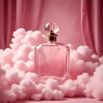 Digital Painting A Pink Glass Perfume Bottle Surrounded By Fluffy Pink Clouds Against A Pink Curtain Backdrop Bold And Slim Lines Brush Strokes 6 8972