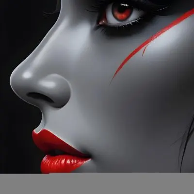 Digital Painting A Profile View Of A Female Face With A Smooth Gray Skin Tone The Eyes Are Adorned With Dramatic Black Makeup And There Is A Bold Red Line Extending From The Eye The Lips Are Painted A Vibrant Red C 10 12ae
