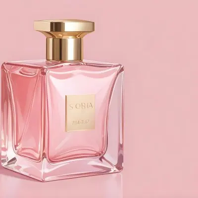 Digital Painting A Square Glass Perfume Bottle With A Gold Cap Filled With A Light Pink Liquid On A Light Pink Background Bold And Slim Lines Brush Strokes 32 5827
