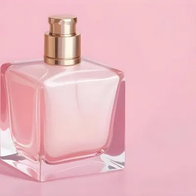 Digital Painting A Square Glass Perfume Bottle With A Gold Cap Filled With A Light Pink Liquid Set Against A Solid Pink Background Bold And Slim Lines Brush Strokes 17 B08a