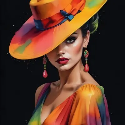 Digital Painting A Tanned Skin Woman Age 30 With A Colorful Hat And Earrings Black Lips Wearing A Colorful Dress In A Black Background Bold And Slim Lines Brush Strokes 1 2baa