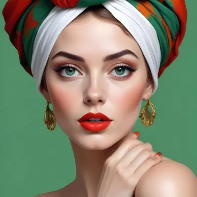 Digital Painting A White Woman 23 Years Old With Green Eyes And Red Lips Wearing A Colorful Turban With A Vibrant Makeup Studio Shot Bold And Slim Lines Brush Strokes 11 D9b9