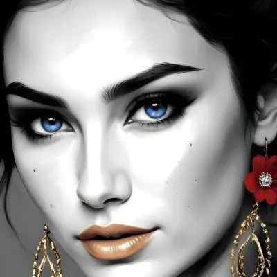 Digital Painting A White Woman 27 Years Old Blue Hair Blue Eyes Red Flower Earrings Golden Earrings Black And White Background Bold And Slim Lines Brush Strokes 18 0e65