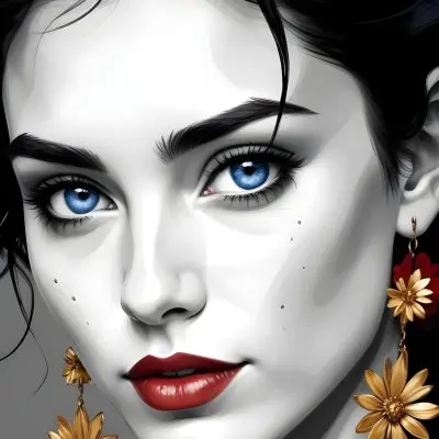 Digital Painting A White Woman 27 Years Old Blue Hair Blue Eyes Red Flower Earrings Golden Earrings Black And White Background Bold And Slim Lines Brush Strokes 21 9fb2