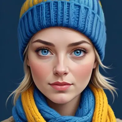Digital Painting A White Woman Age 25 Blue Eyes Wearing A Blue And Yellow Knitted Hat And Scarf Her Face Painted With Colorful Stripes Plain Background Bold And Slim Lines Brush Strokes 19 5285