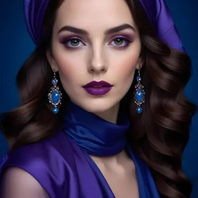 Digital Painting A Woman With Fair Skin And Long Dark Brown Hair Styled In Waves She Has Striking Brown Eyes And Bold Makeup Featuring Purple Lipstick And Eyeshadow She Is Wearing A Luxurious Blue Headscarf And Large 29 Eaec