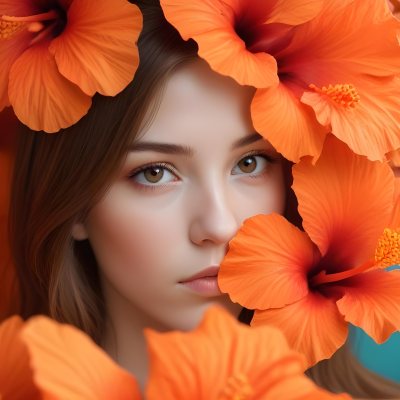 Digital Painting A Young Woman With Fair Skin And Long Light Brown Hair Partially Obscured By Vibrant Orange Hibiscus Flowers She Has Striking Brown Eyes And A Soft Expression With Her Lips Slightly Parted The Backg 19 D439